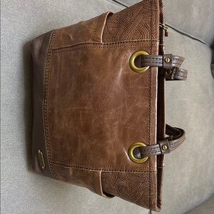 Brown Leather Tote with Distressed Finish and Brass Hardware